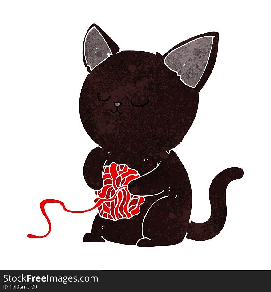 cartoon cute black cat playing with ball of yarn