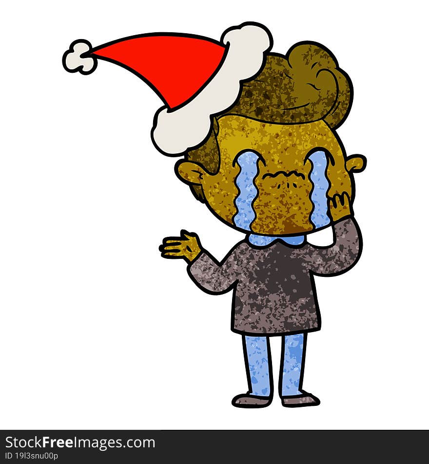 textured cartoon of a man crying wearing santa hat