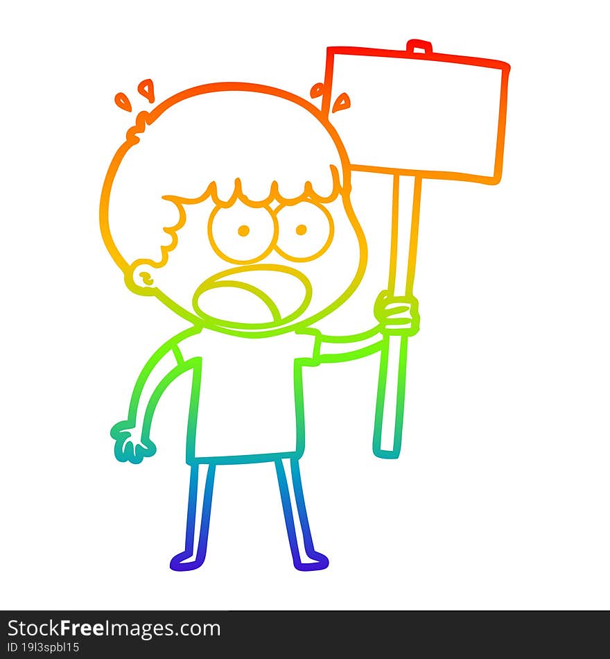 rainbow gradient line drawing cartoon shocked man with placard