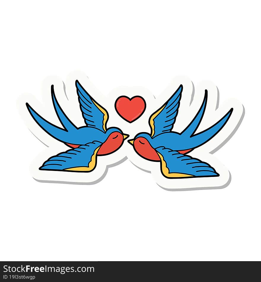 sticker of tattoo in traditional style of swallows and a heart. sticker of tattoo in traditional style of swallows and a heart