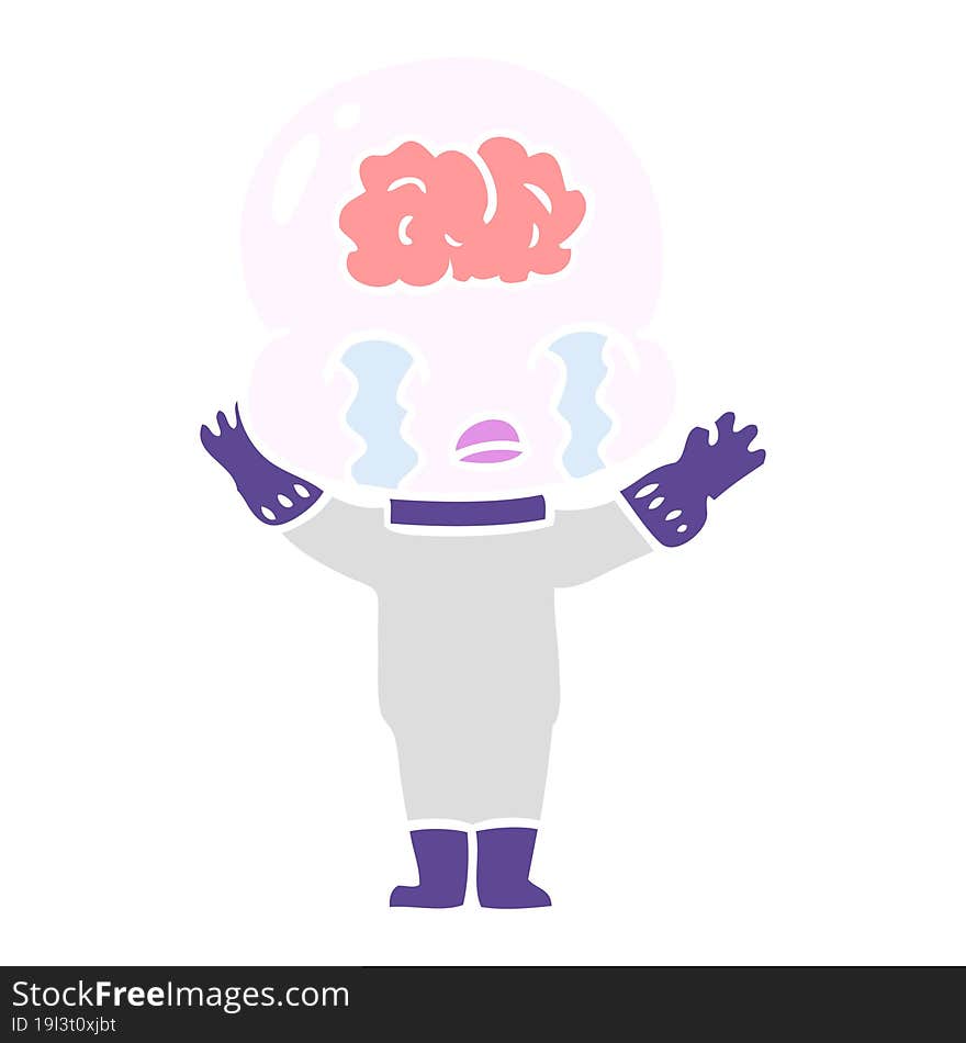 Flat Color Style Cartoon Big Brain Alien Crying