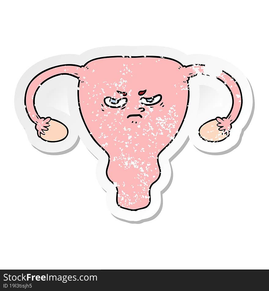 distressed sticker of a cartoon angry uterus