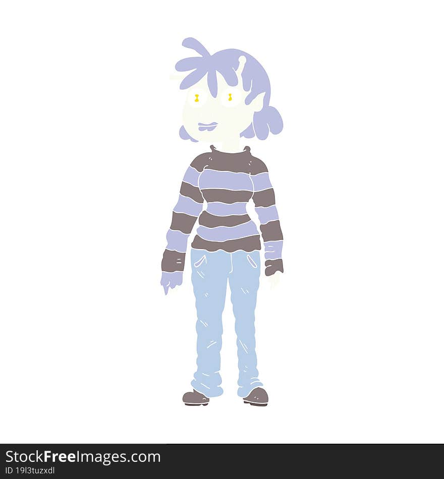 Flat Color Illustration Of A Cartoon Casual Alien Girl