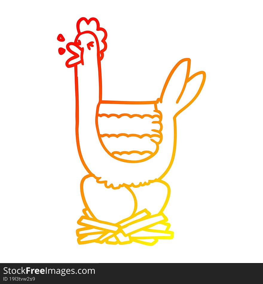 warm gradient line drawing cartoon hen sitting on nest