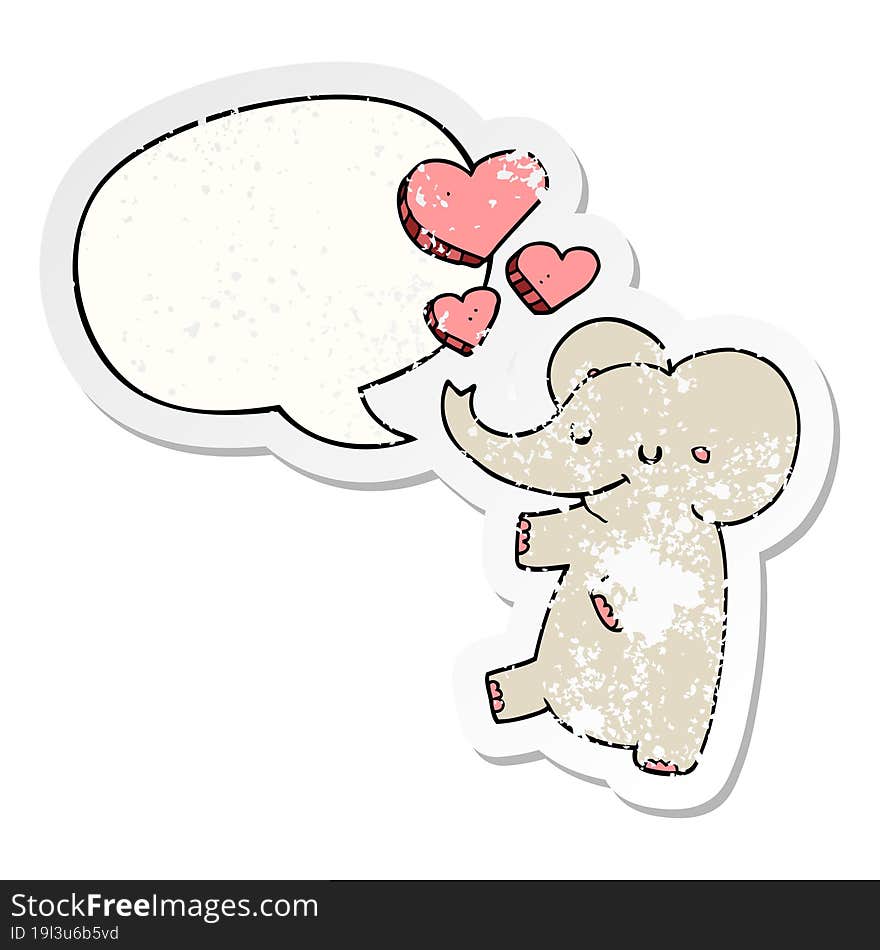 cartoon elephant and love hearts and speech bubble distressed sticker