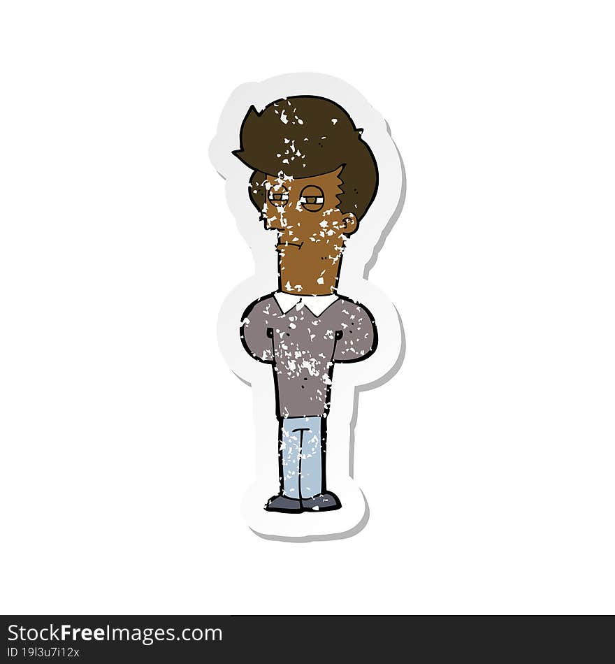 retro distressed sticker of a cartoon jaded man