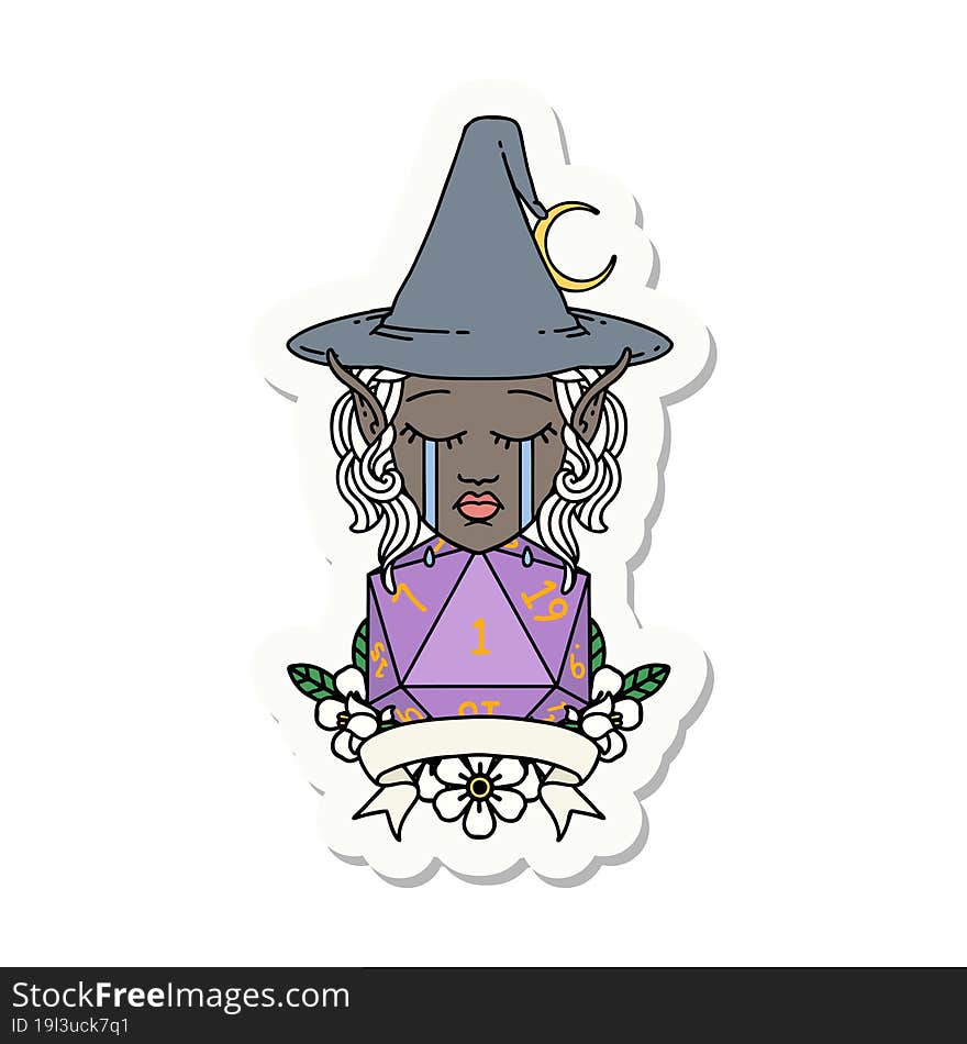 Crying Elf Mage Character With Natural One Dice Roll Sticker