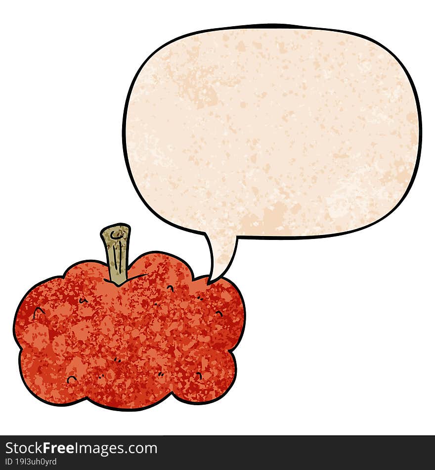 cartoon pumpkin and speech bubble in retro texture style