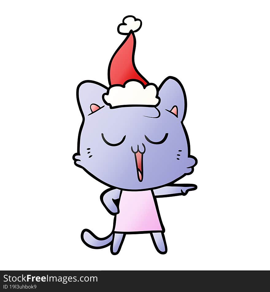 Gradient Cartoon Of A Cat Singing Wearing Santa Hat