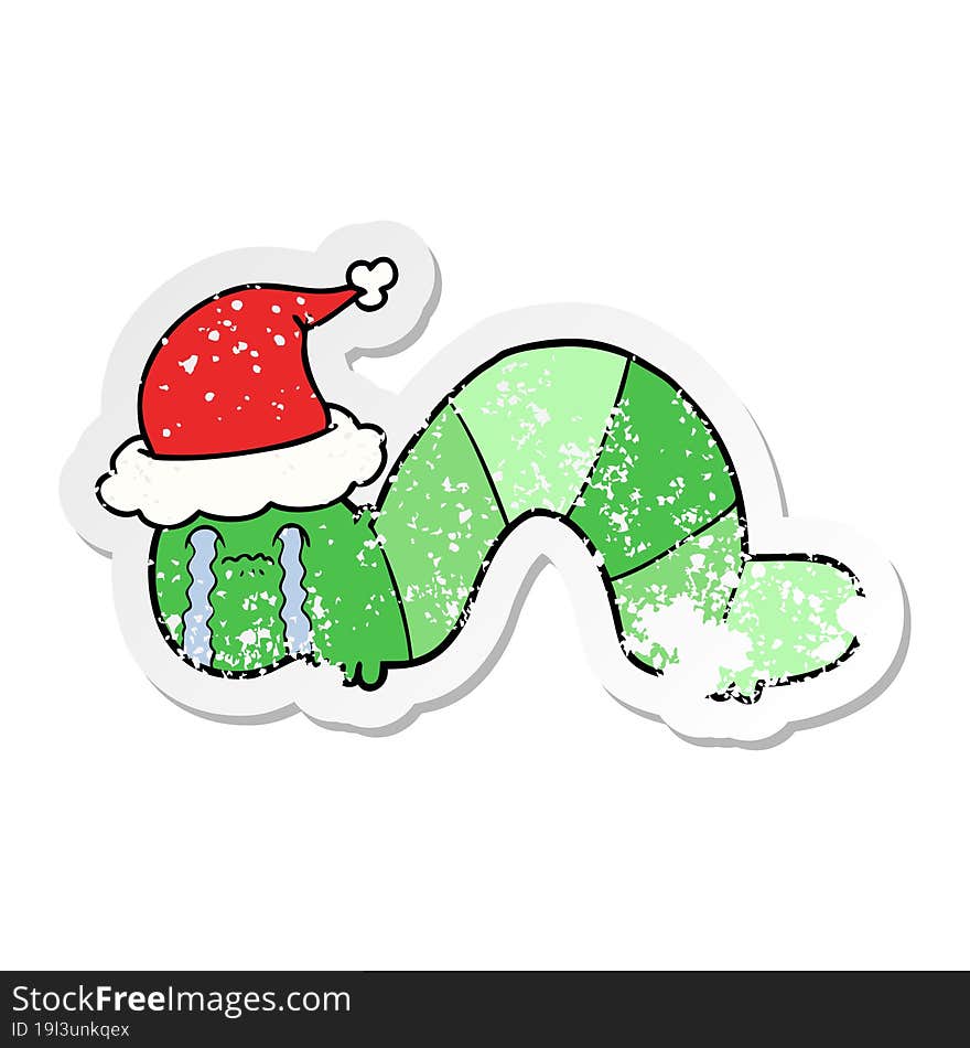 distressed sticker cartoon of a caterpillar obsessing over his regrets wearing santa hat