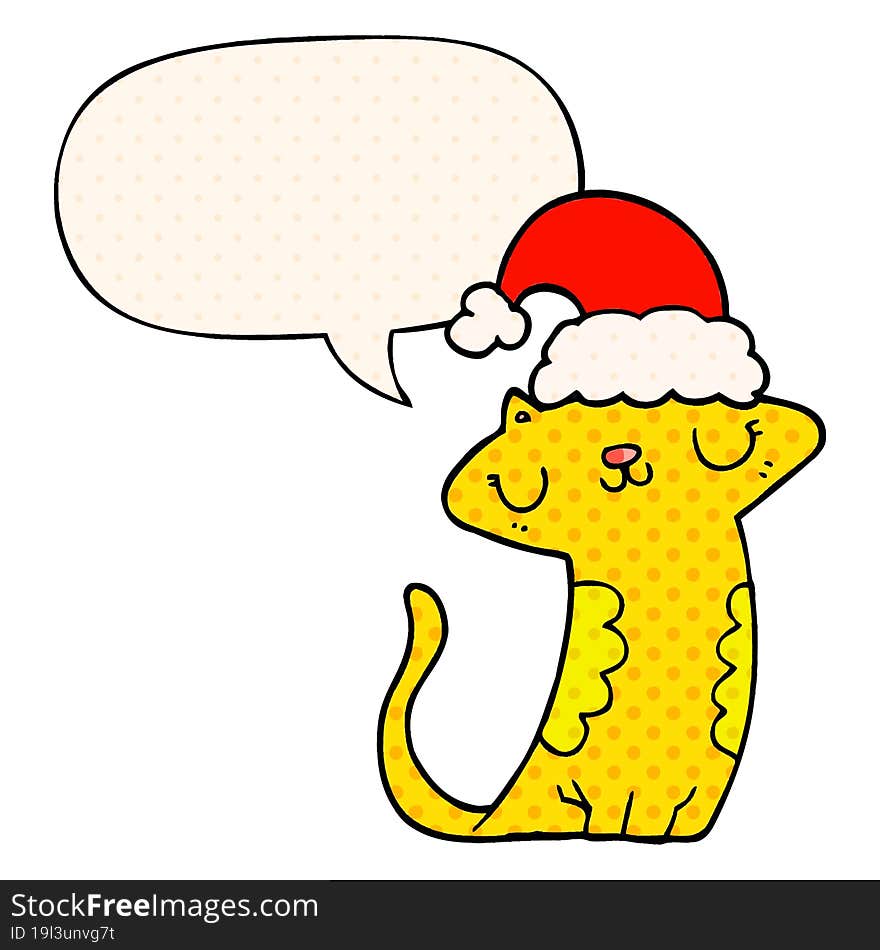 Cute Cartoon Cat Wearing Christmas Hat And Speech Bubble In Comic Book Style