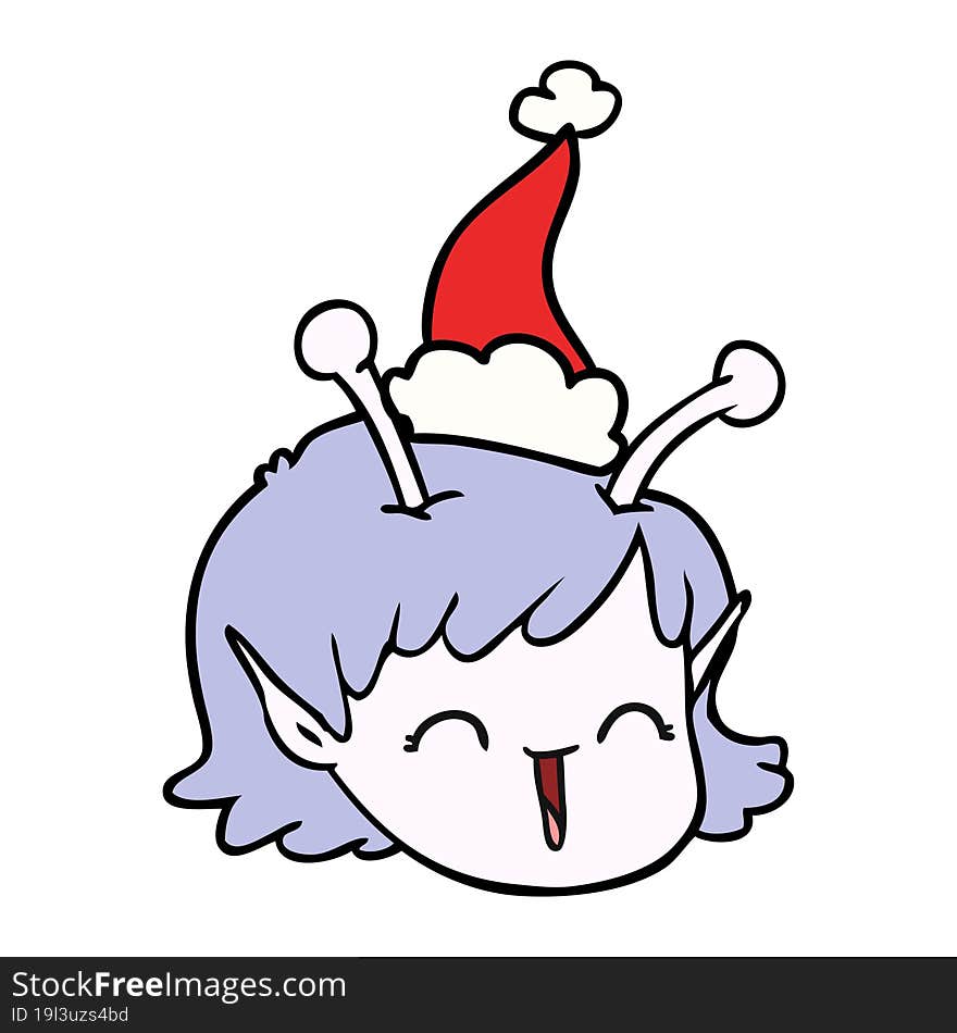 line drawing of a alien space girl face wearing santa hat