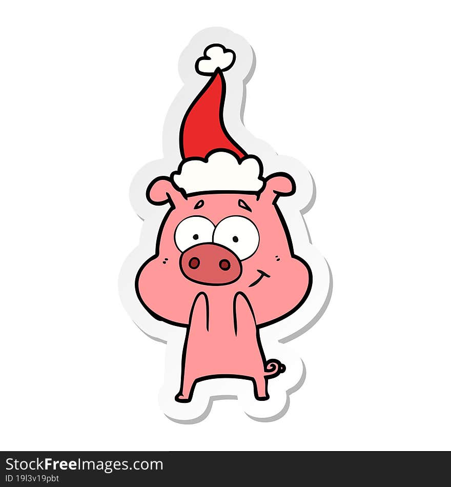 happy sticker cartoon of a pig wearing santa hat