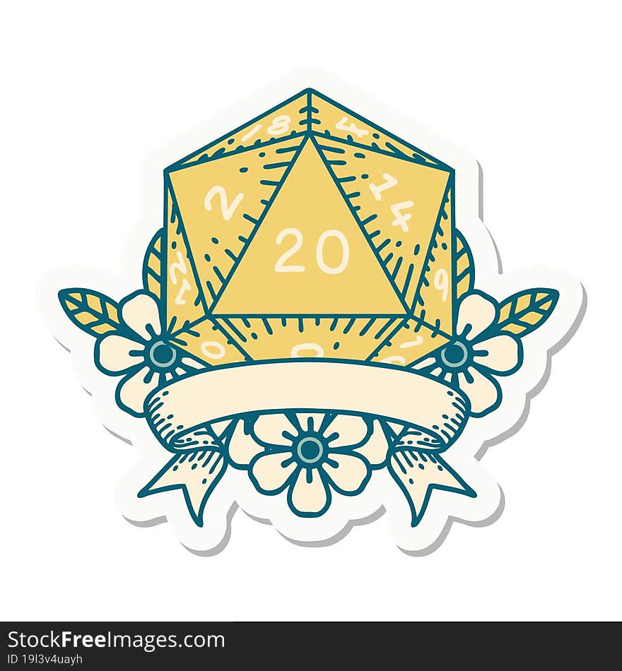 sticker of a natural 20 critical hit D20 dice roll. sticker of a natural 20 critical hit D20 dice roll