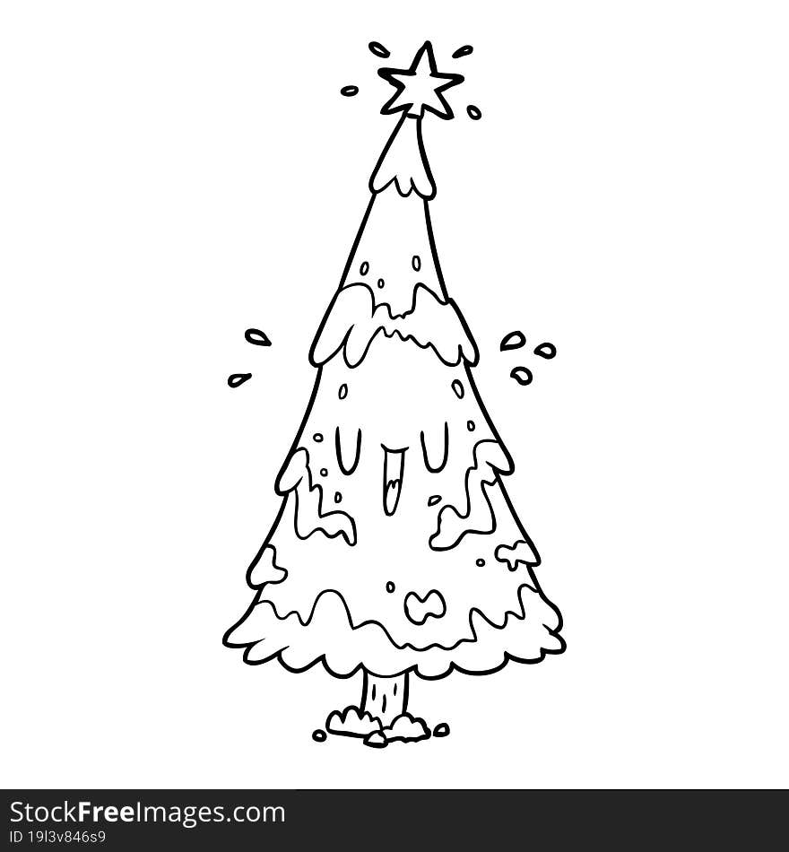 line drawing of a snowy christmas tree with happy face. line drawing of a snowy christmas tree with happy face