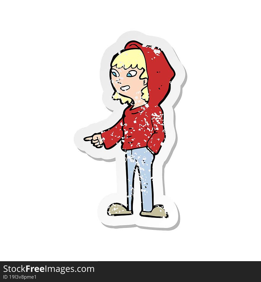 retro distressed sticker of a cartoon pointing teenager