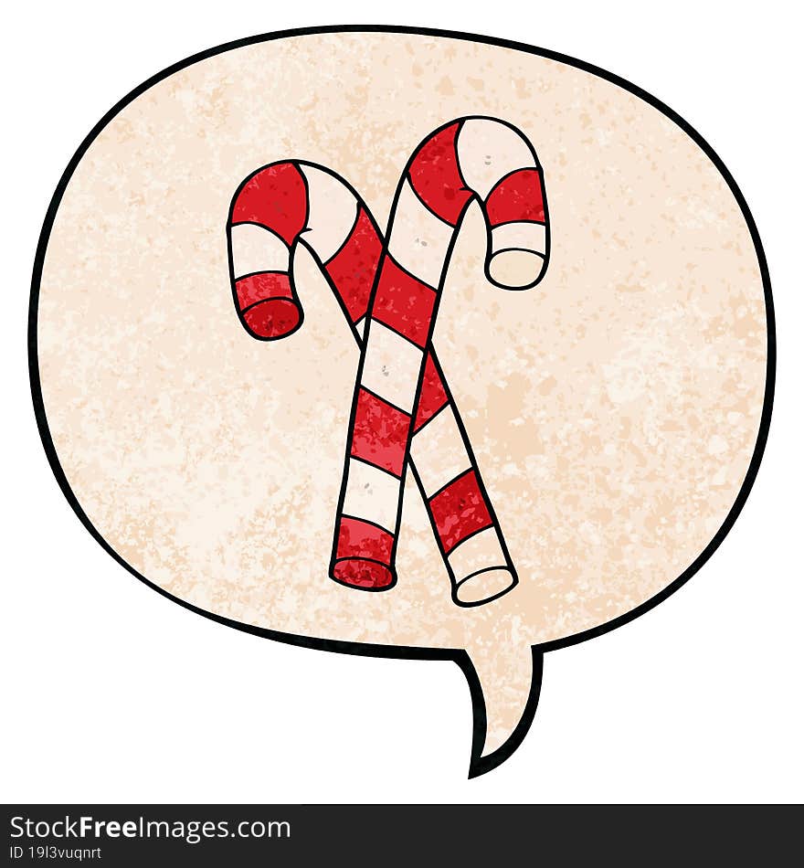 Cartoon Candy Canes And Speech Bubble In Retro Texture Style