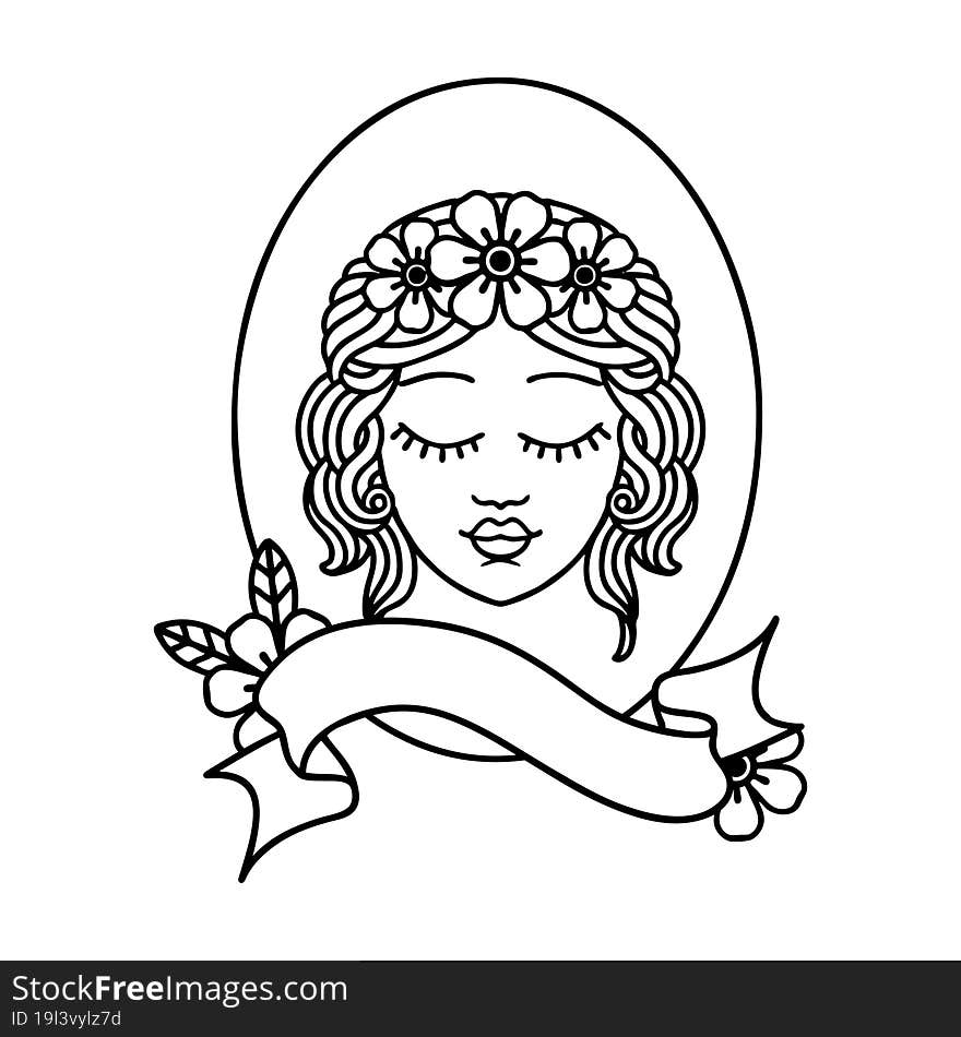 black linework tattoo with banner of a maiden with eyes closed