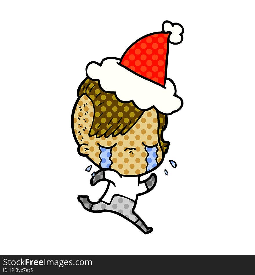 comic book style illustration of a crying girl wearing space clothes wearing santa hat