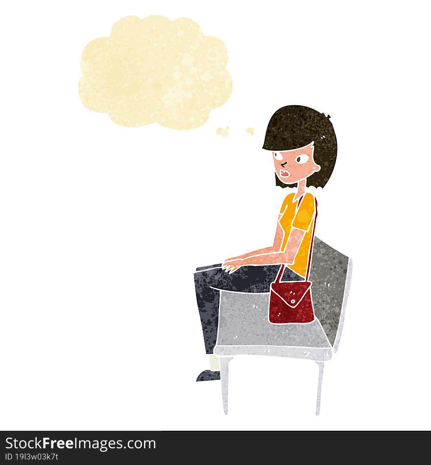 cartoon woman sitting on bench with thought bubble