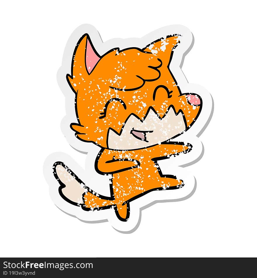 distressed sticker of a happy cartoon fox