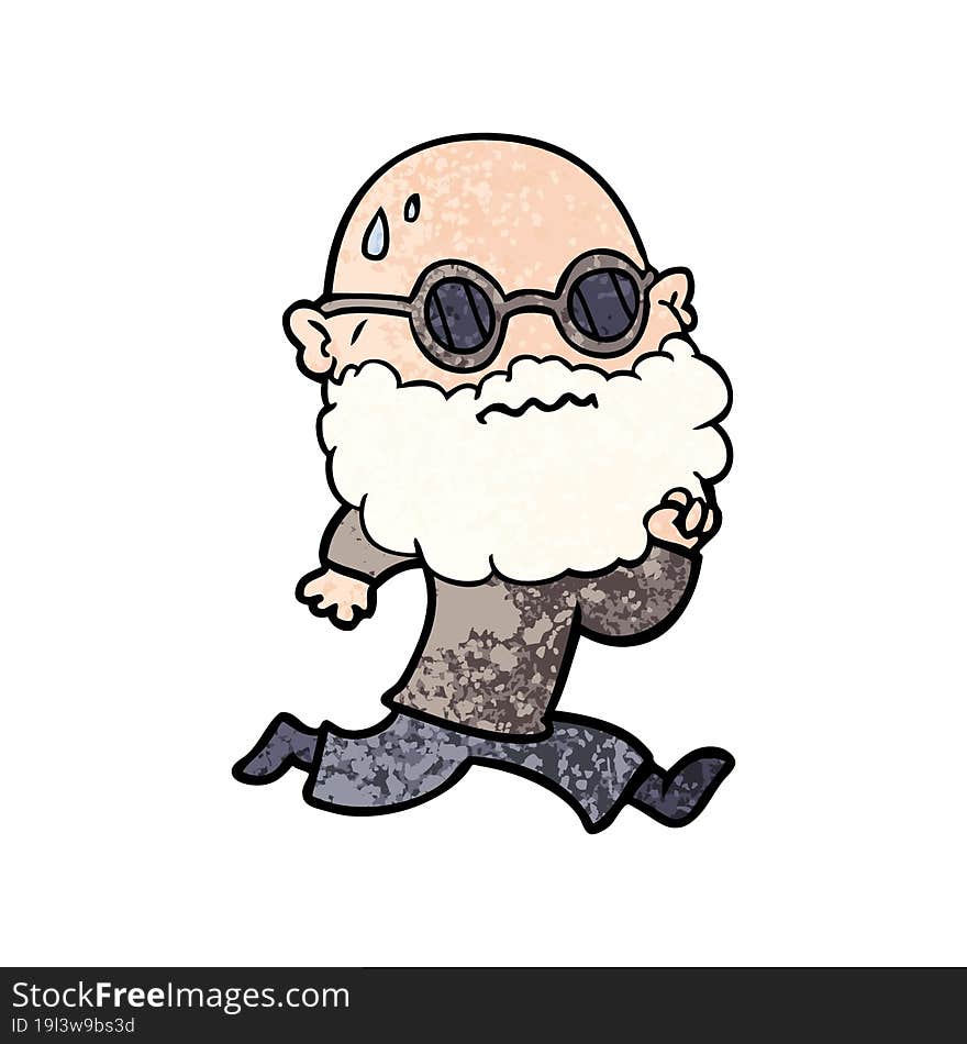 cartoon running man with beard and sunglasses sweating. cartoon running man with beard and sunglasses sweating