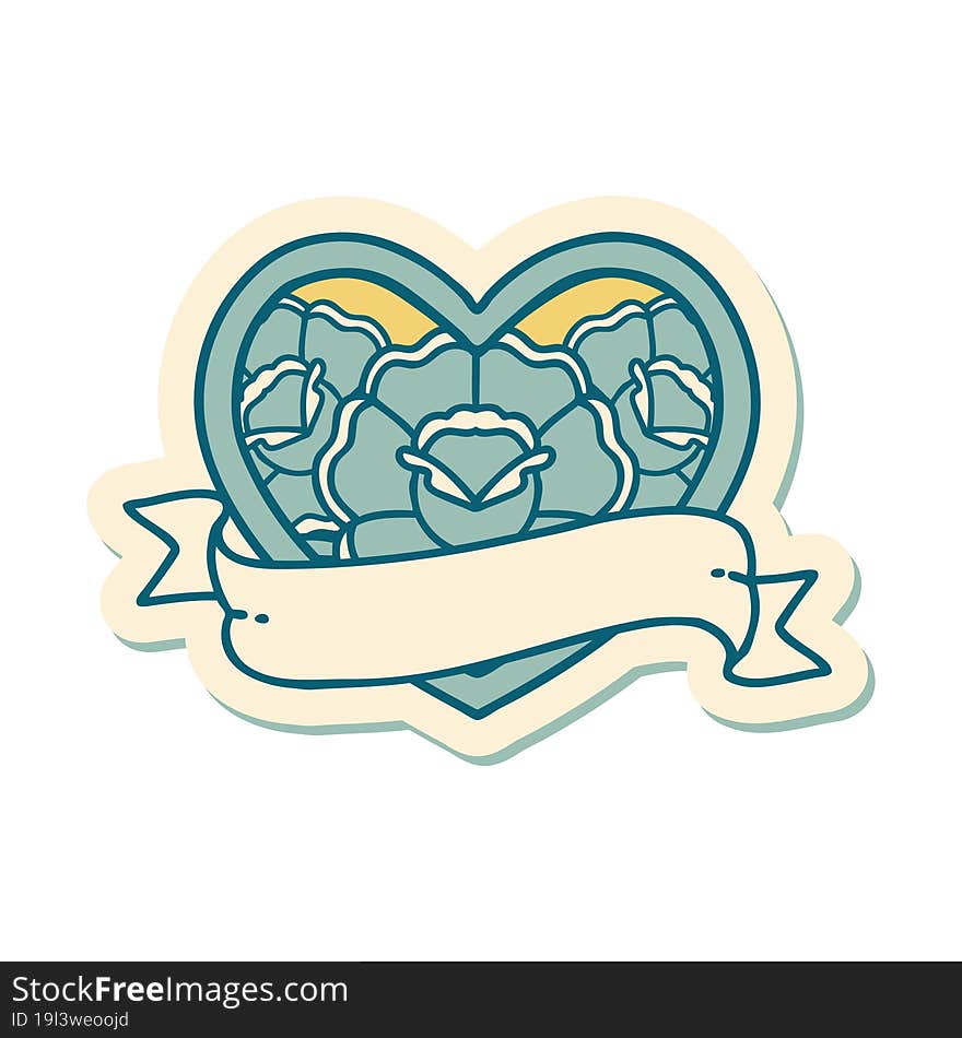 Tattoo Style Sticker Of A Heart And Banner With Flowers