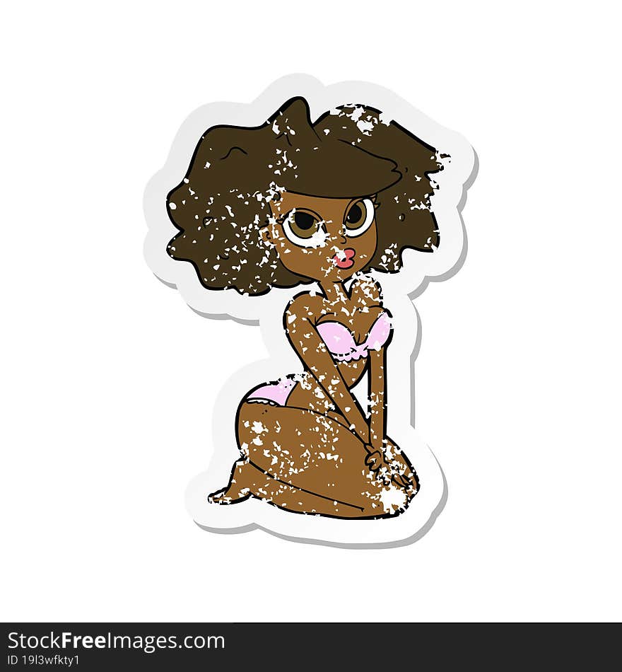 retro distressed sticker of a cartoon woman wearing bikini