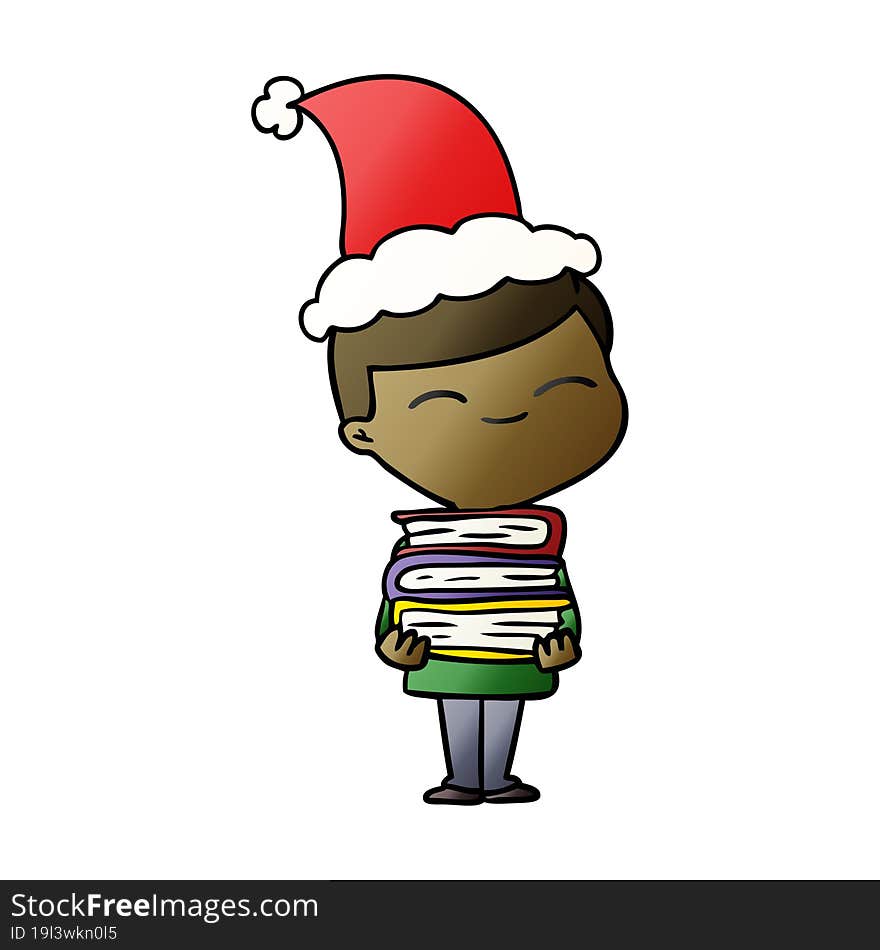 Gradient Cartoon Of A Smiling Boy With Stack Of Books Wearing Santa Hat