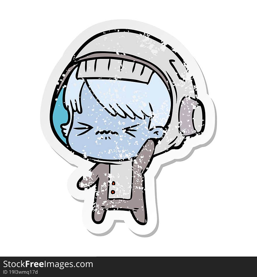 distressed sticker of a angry cartoon space girl waving