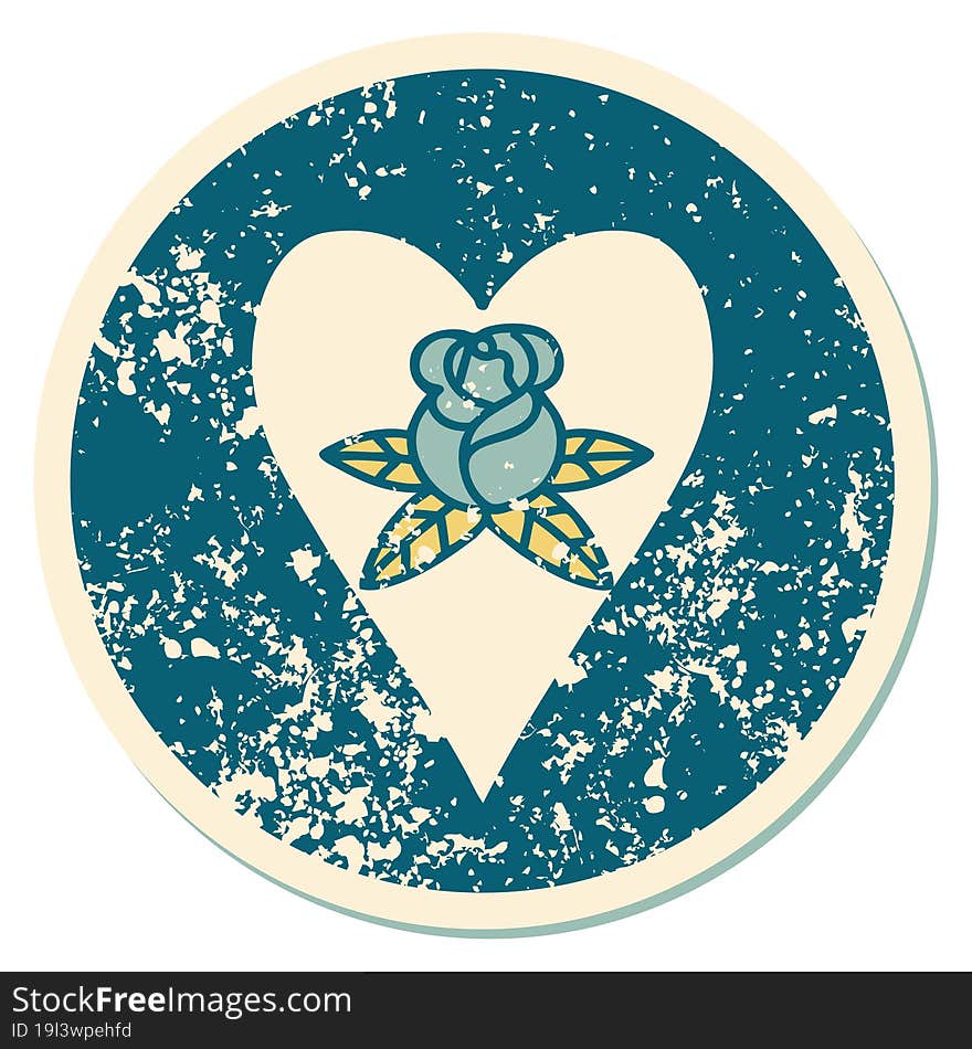 iconic distressed sticker tattoo style image of a heart and flowers. iconic distressed sticker tattoo style image of a heart and flowers