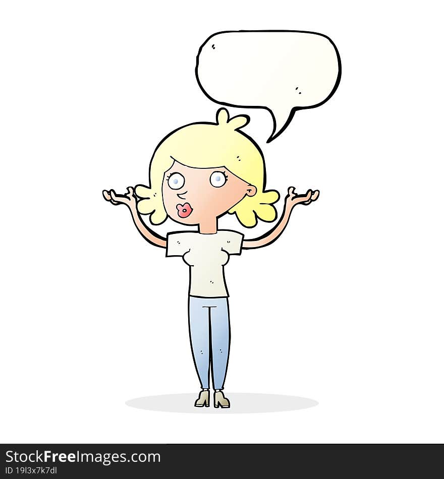 cartoon woman throwing arms in air with speech bubble