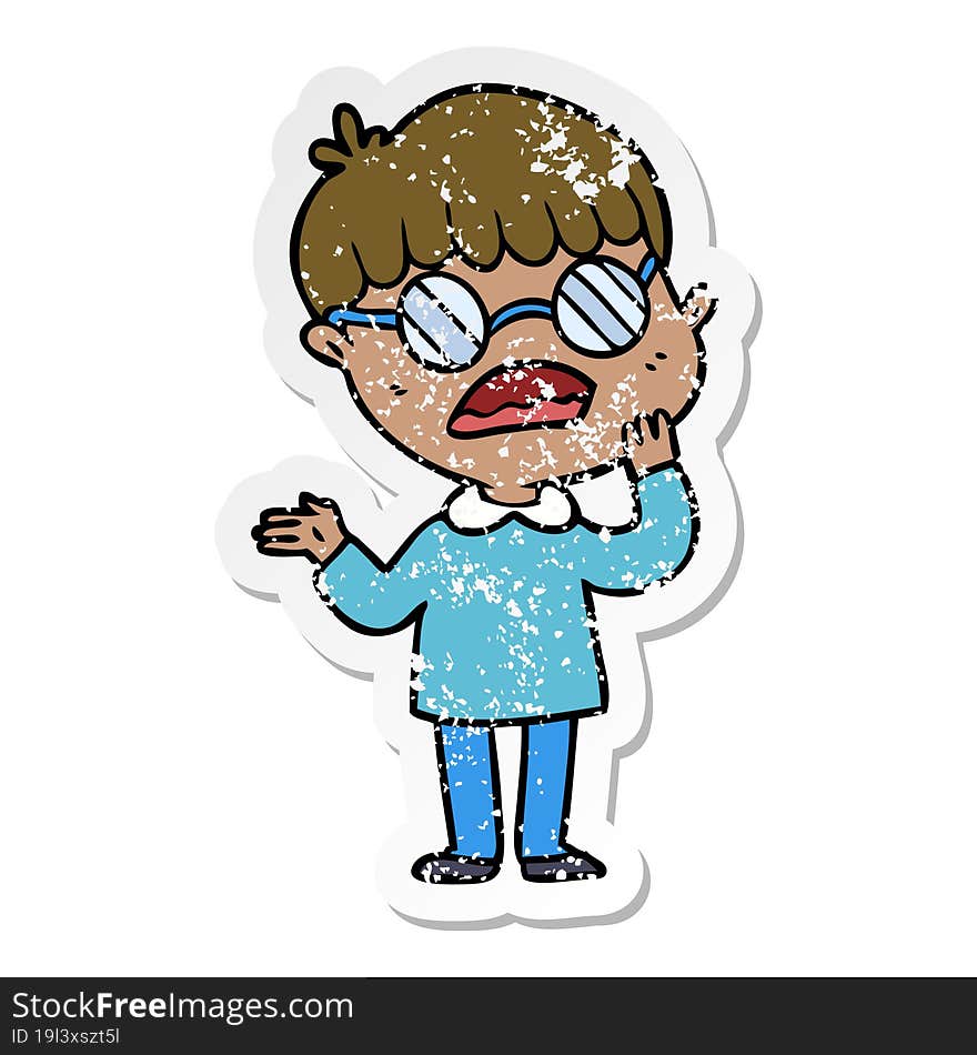 distressed sticker of a cartoon confused boy wearing spectacles