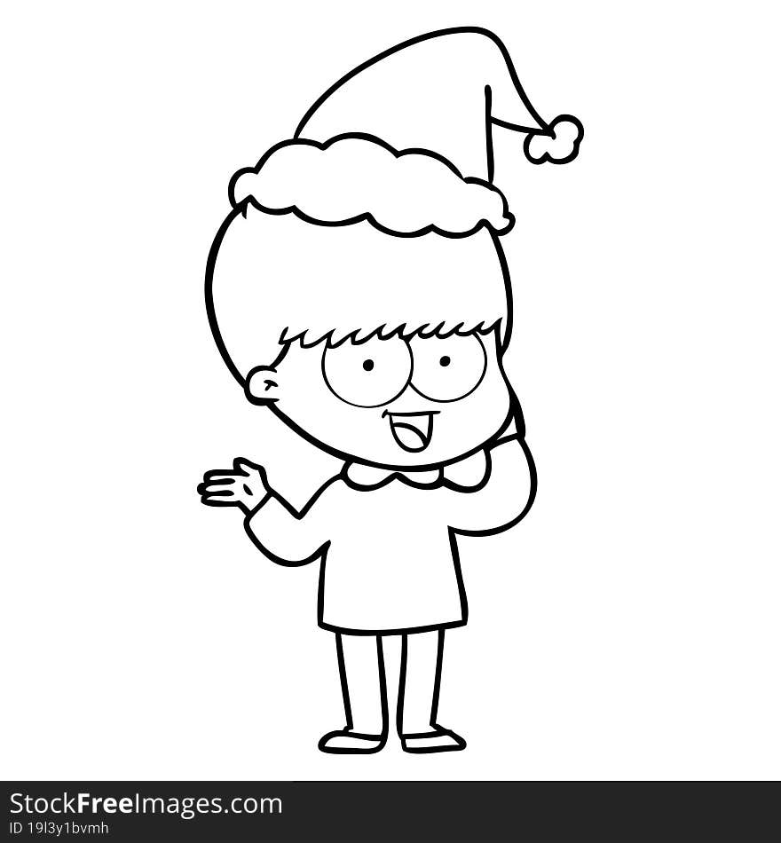 happy line drawing of a boy wearing santa hat