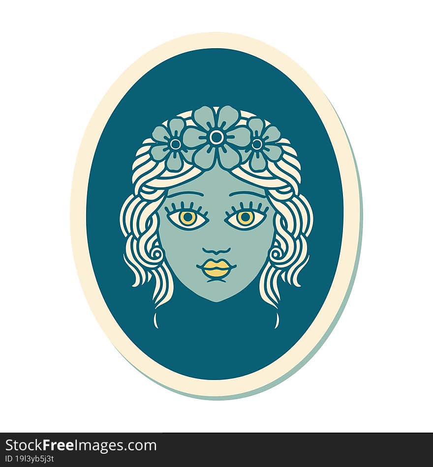 tattoo style sticker of a maiden with crown of flowers