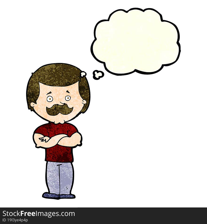 cartoon manly mustache man with thought bubble