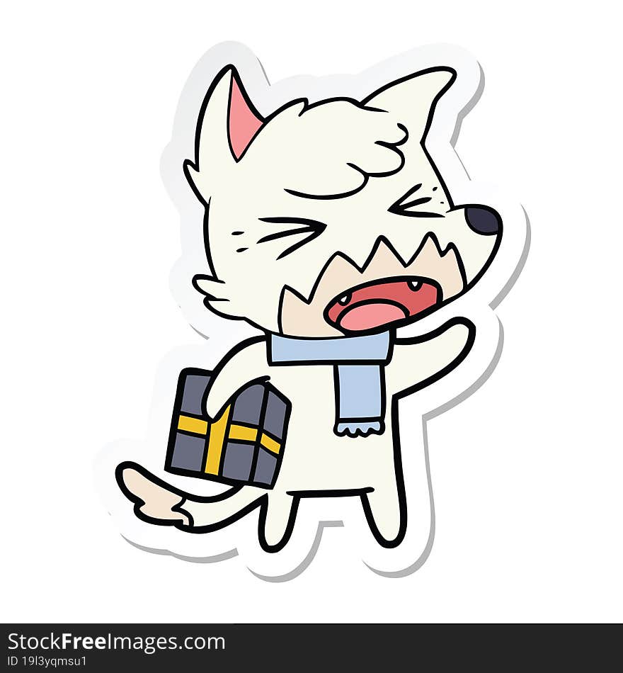 sticker of a angry cartoon fox with gift