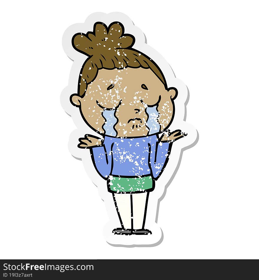 distressed sticker of a cartoon crying woman shrugging