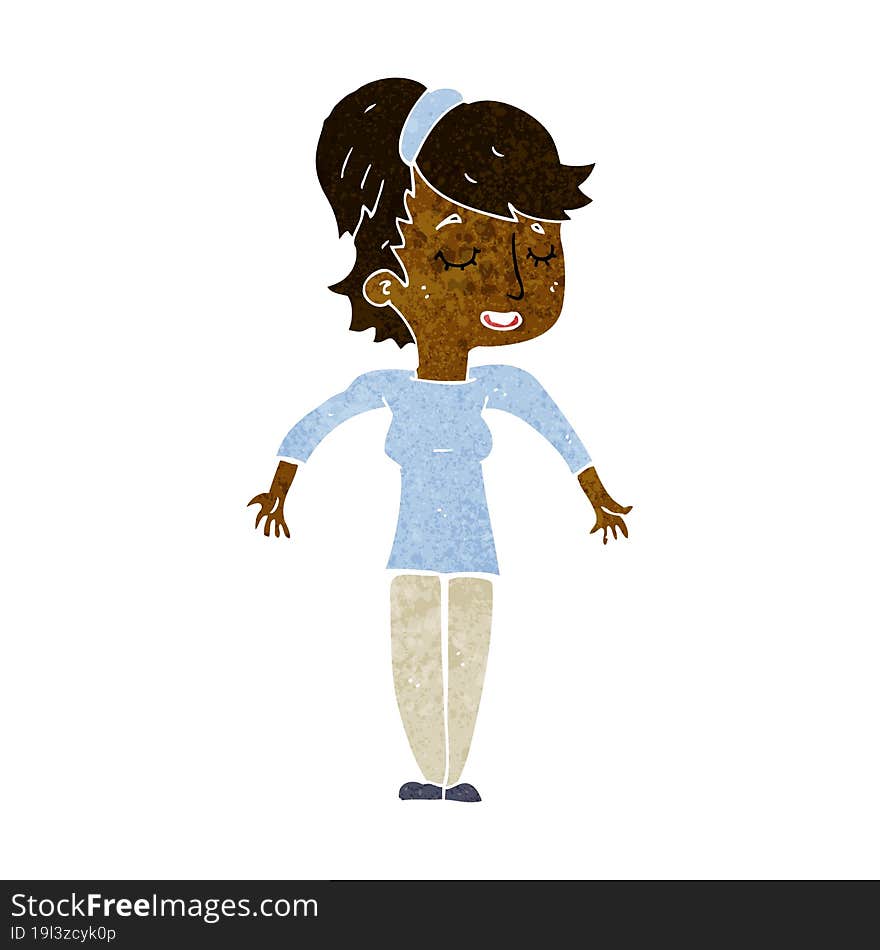 cartoon friendly woman shrugging shoulders