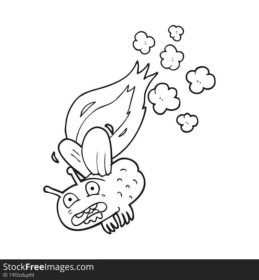 freehand drawn black and white cartoon fly crashign and burning. freehand drawn black and white cartoon fly crashign and burning