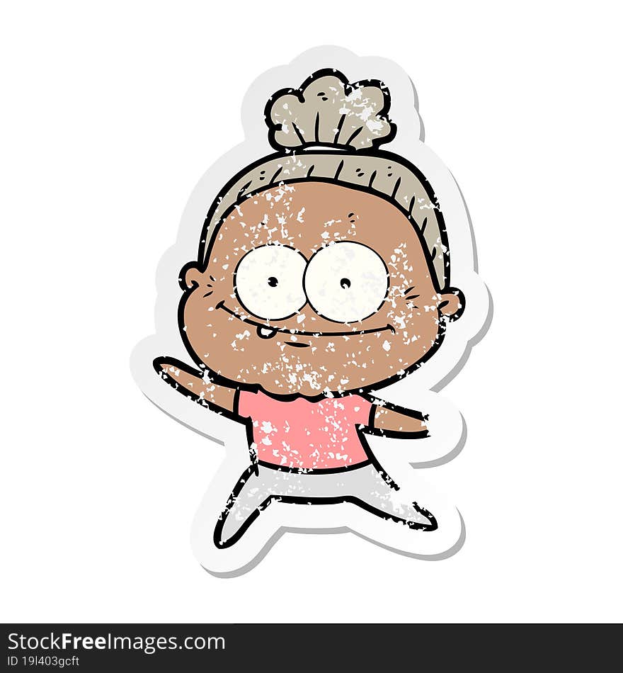 distressed sticker of a cartoon happy old woman