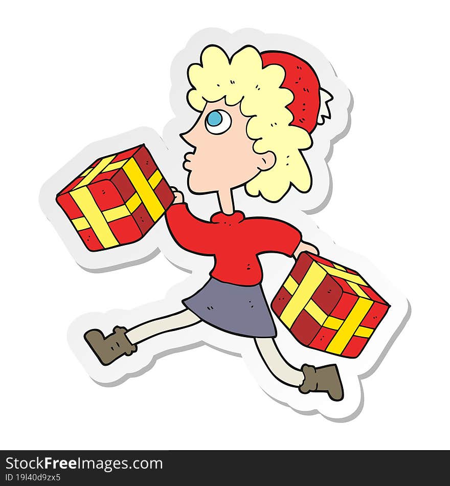 sticker of a cartoon running woman with presents