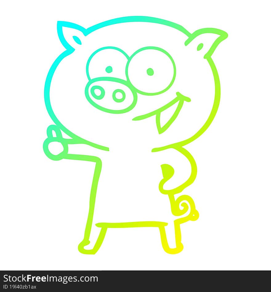 cold gradient line drawing of a cheerful pig cartoon