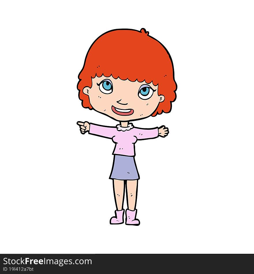 cartoon happy woman pointing