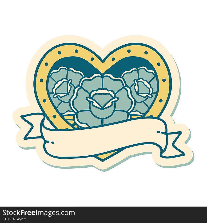 Tattoo Style Sticker Of A Heart And Banner With Flowers