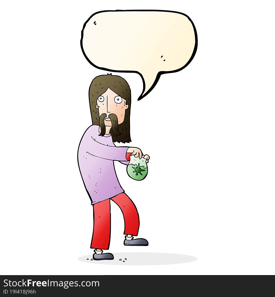 cartoon hippie man with bag of weed with speech bubble