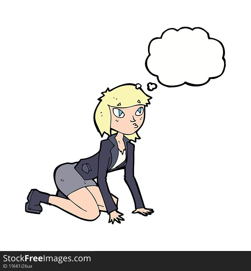 cartoon woman on hands and knees with thought bubble