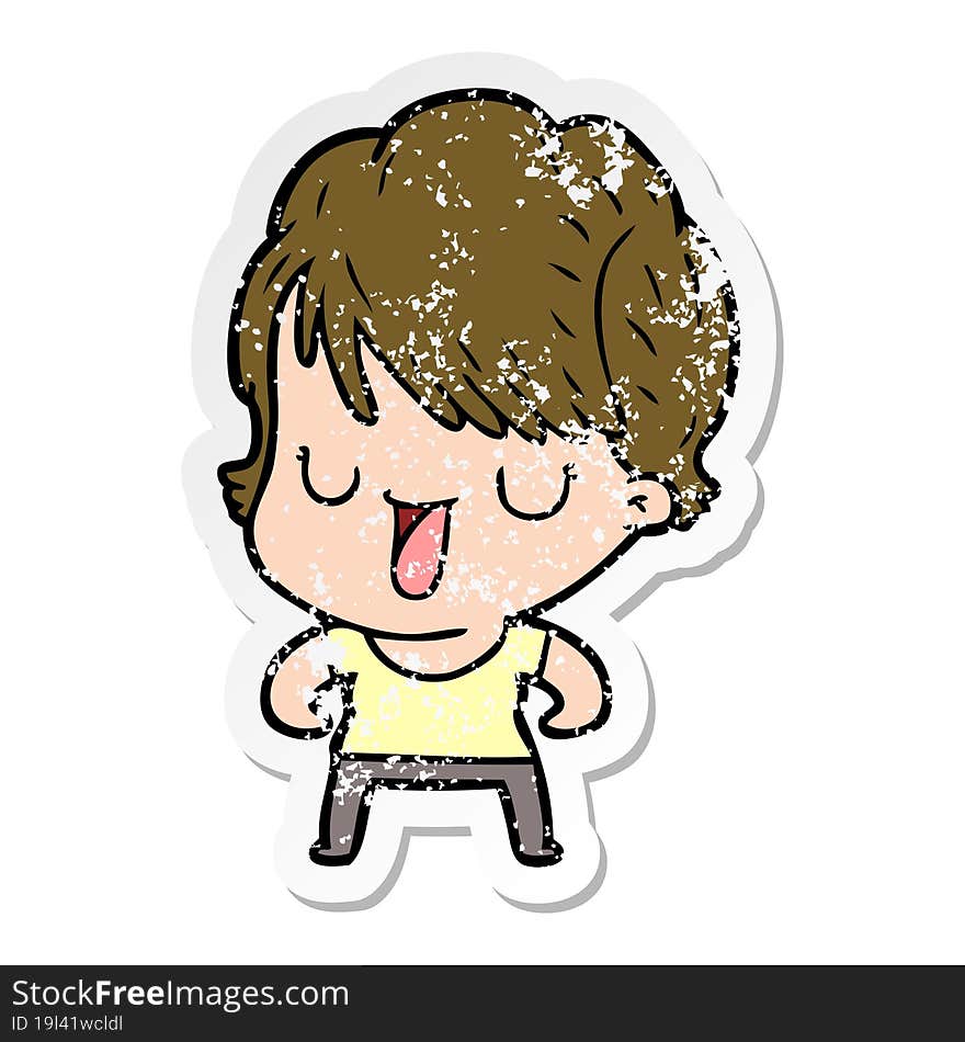 distressed sticker of a cartoon woman talking