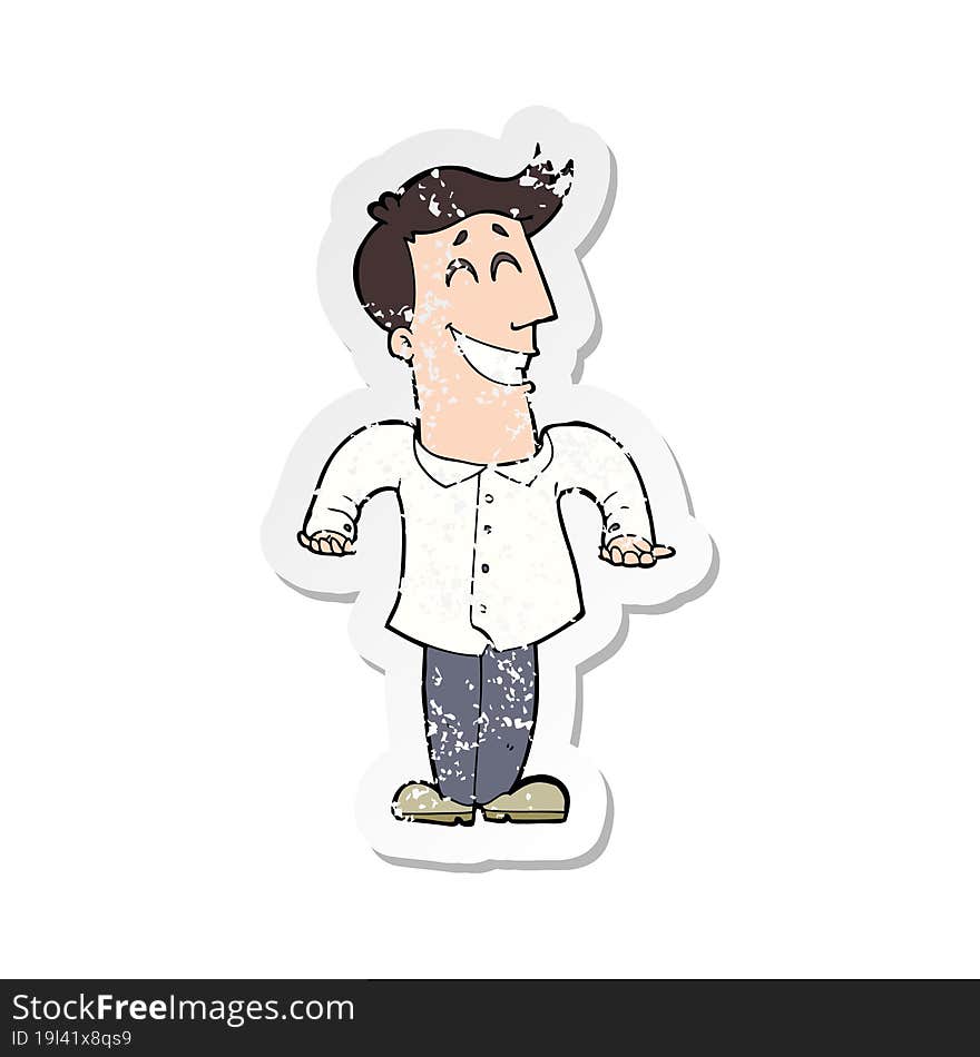 retro distressed sticker of a cartoon man shrugging shoulders