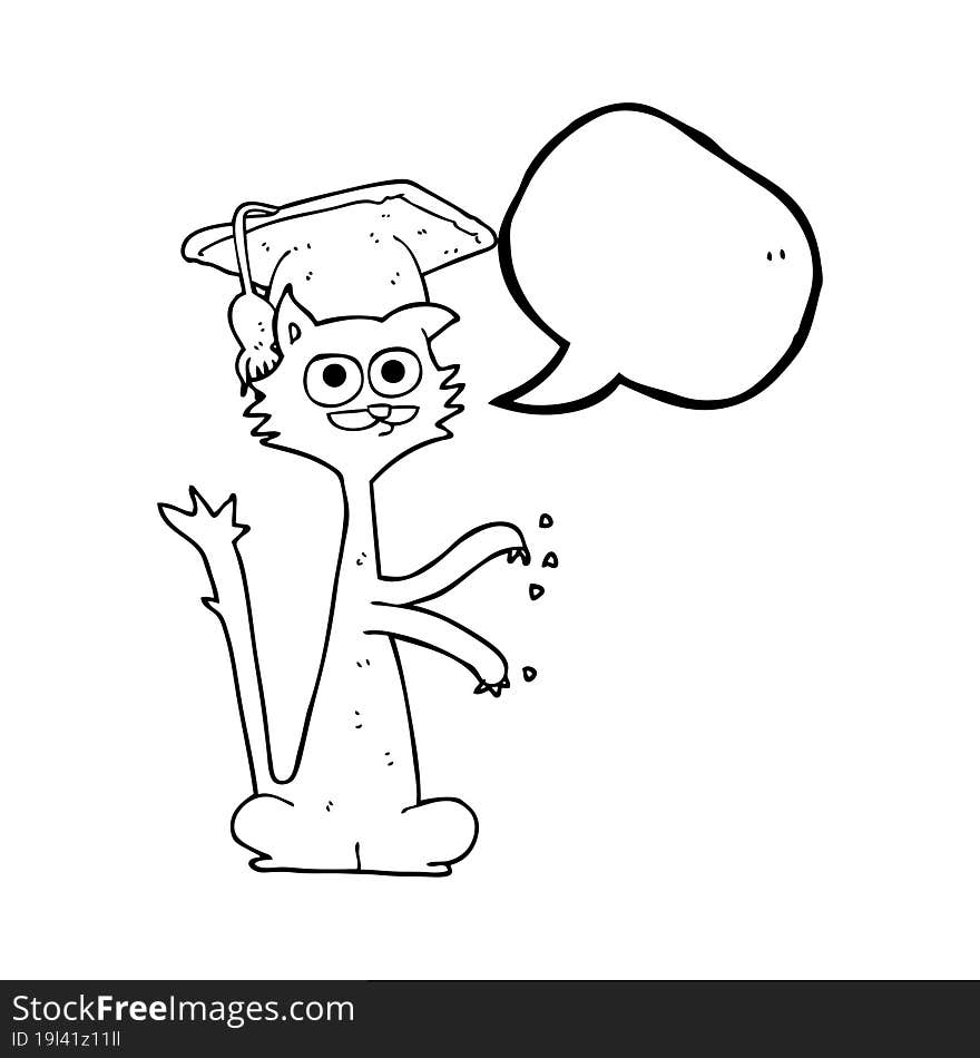 freehand drawn speech bubble cartoon cat scratching with graduation cap. freehand drawn speech bubble cartoon cat scratching with graduation cap